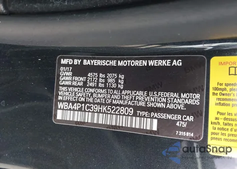 2017 BMW 440I from USA, damaged, VIN WBA4P1C39HK522809